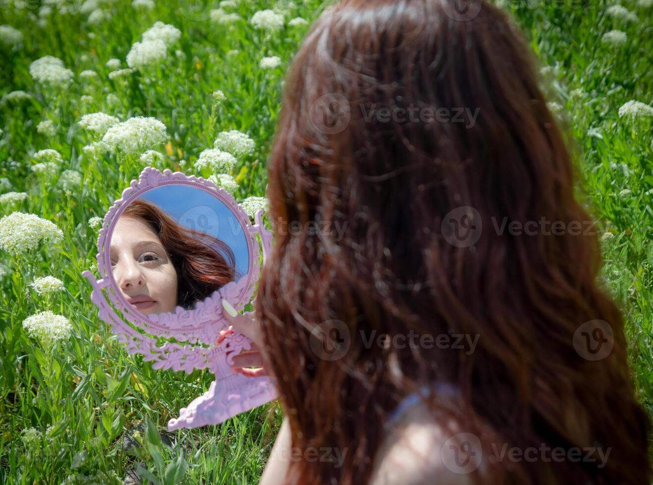 red haired woman in the park, pretty woman in the nature photo