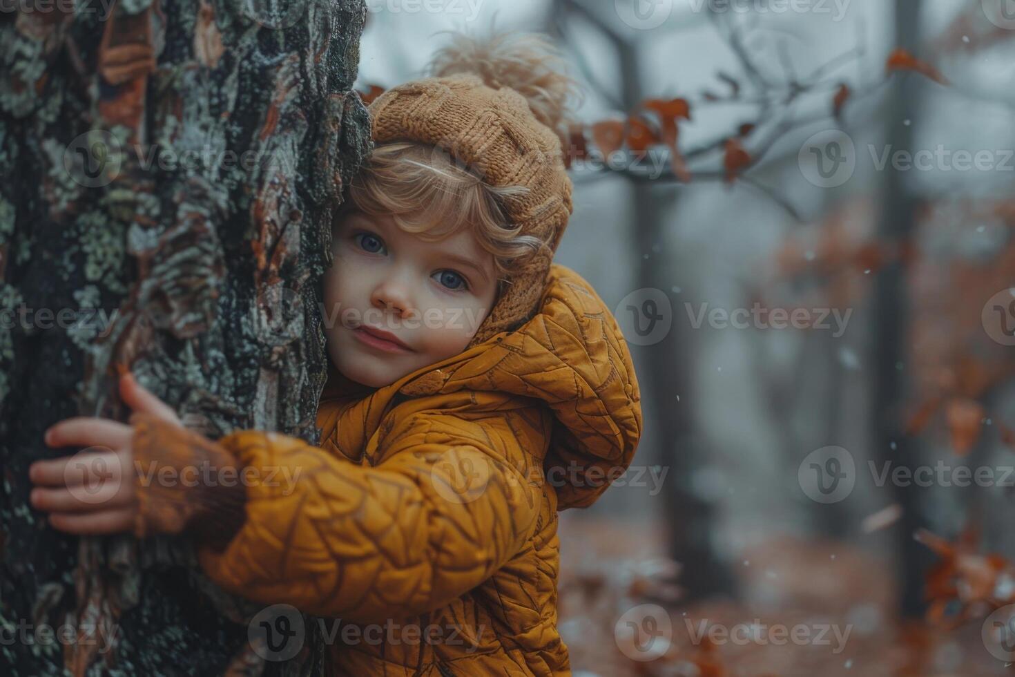 AI generated Embrace of nature, child hugging tree in serene forest. Generative AI photo