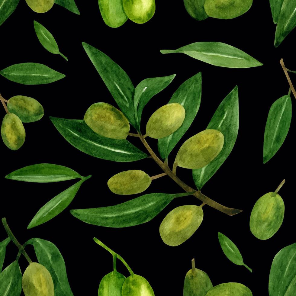 aceitunas sin costura modelo con aceituna ramas y frutas para italiano cocina diseño o comida con petróleo vector