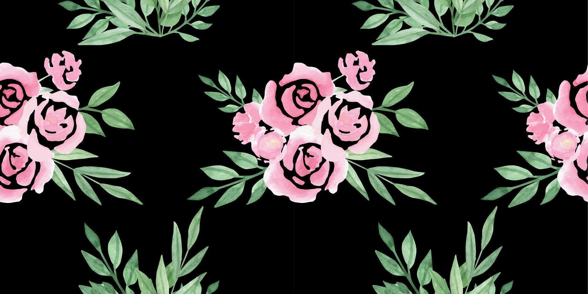 Seamless pattern with loose watercolor roses on black vector