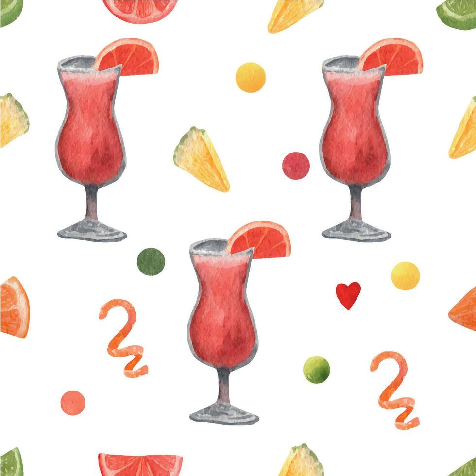 Watercolor pattern with alcohol cocktails and slice fruits. vector