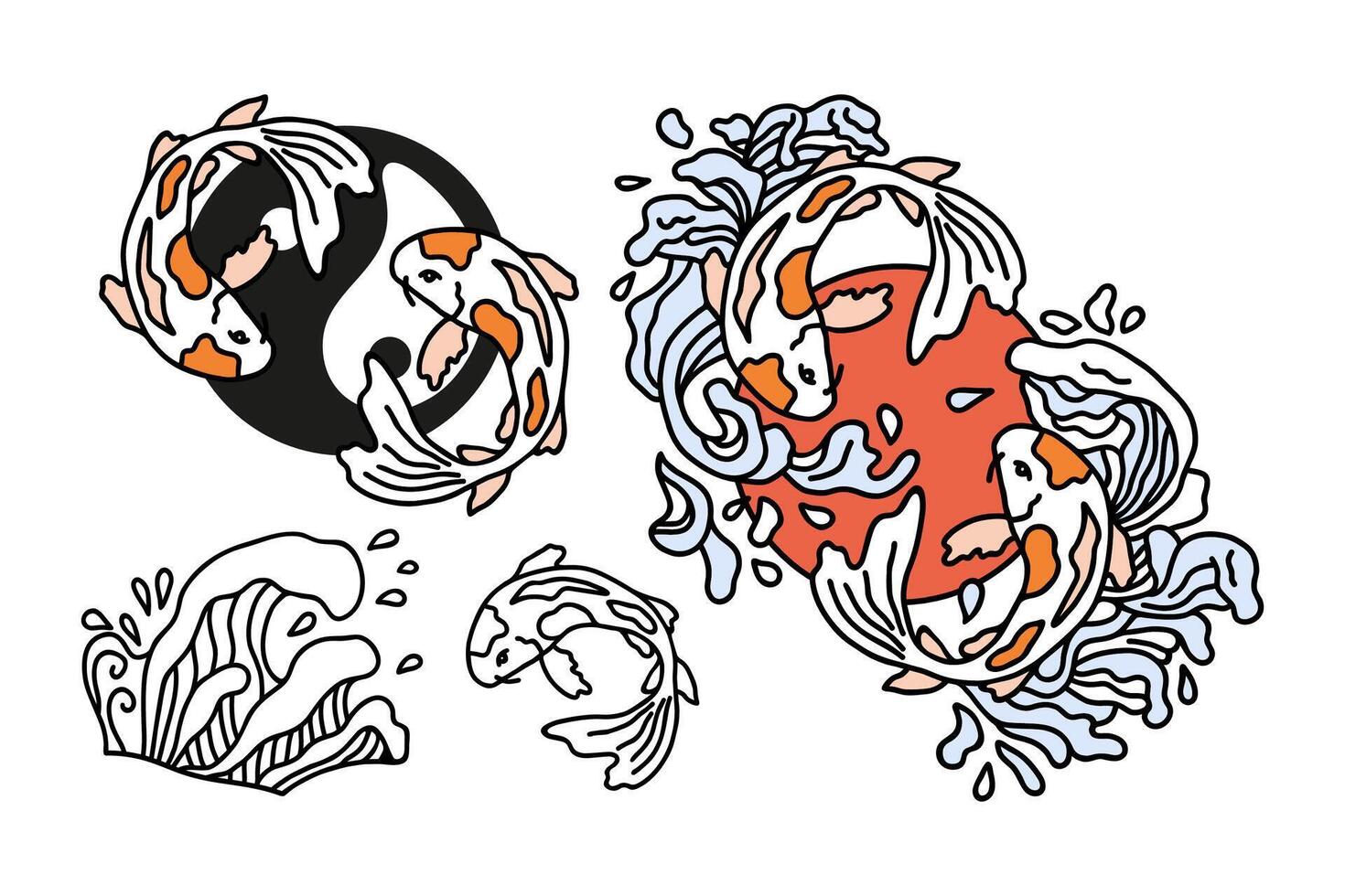 Japanese Koi fishes in round zen symbol in vector hand drawn style.