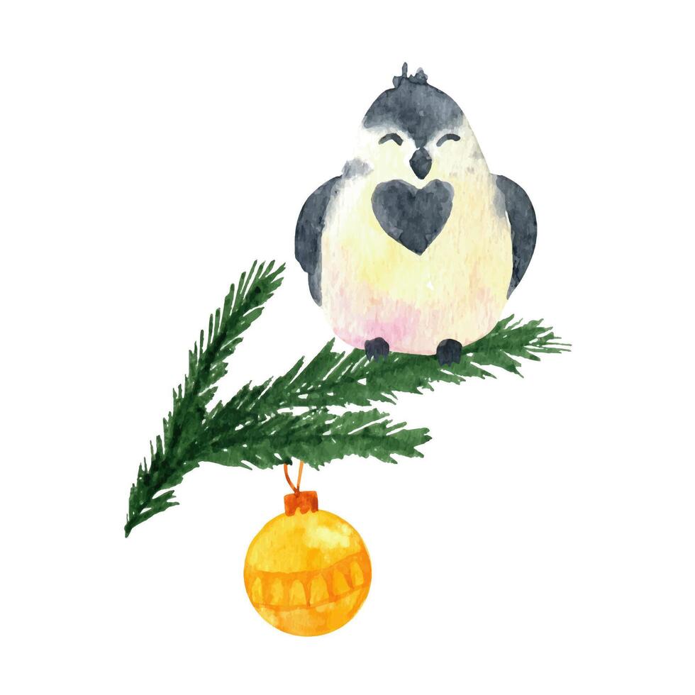 Single hand drawn titmouse on branch for New Year and Xmas greeting cards. Cute watercolor. vector