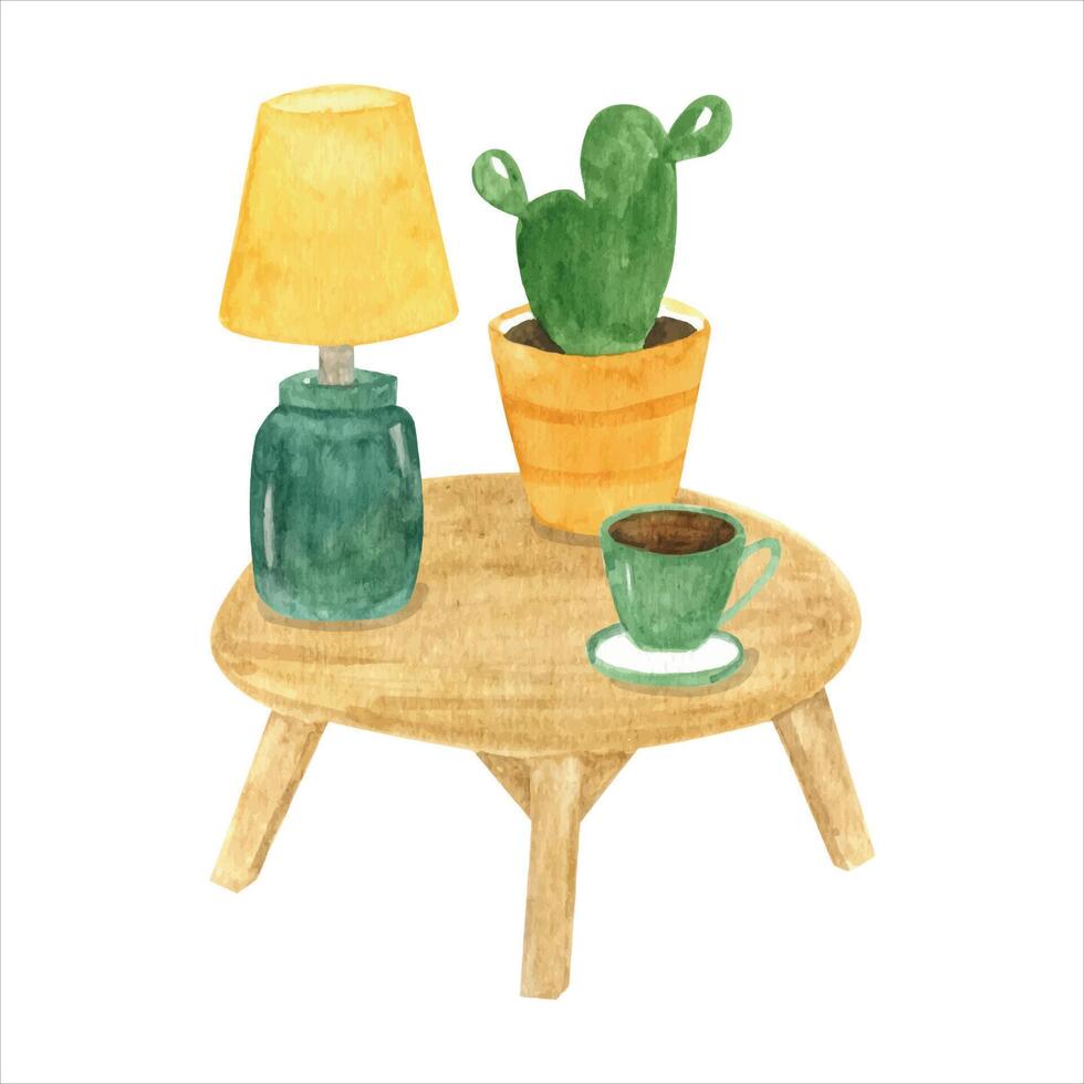 Watercolor hygge clipart table with cactus, lamp and coffee cup. Home decor and cozy interior vector
