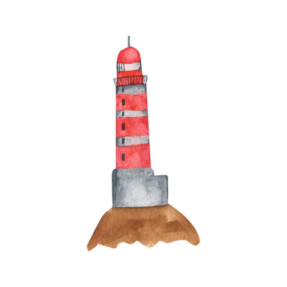 Cute lighthouse clipart. Hand drawn watercolor illustration vector