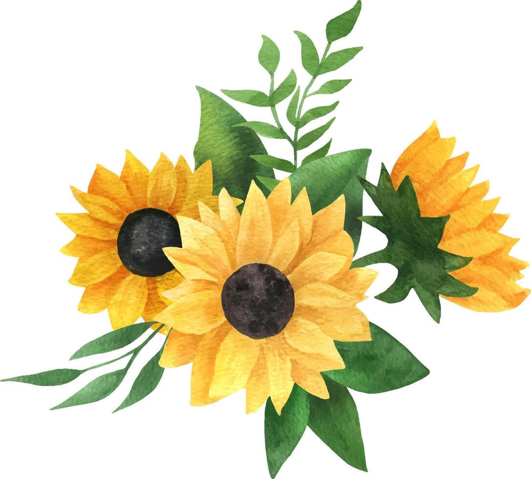 Realistic watercolor sunflower rustic bouquet vector