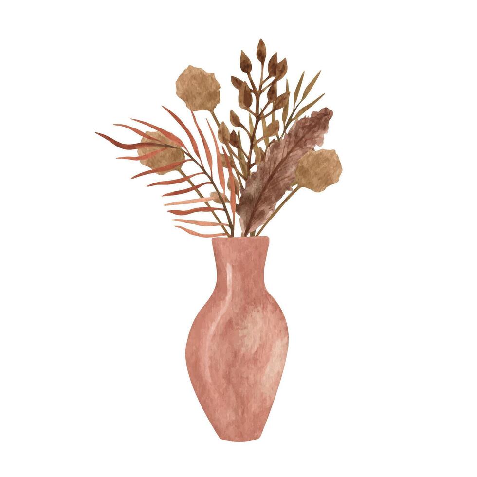 Boho clay vase with dried bouquet. Home decor pot. Hand drawn watercolor clipart. Earthy color vector