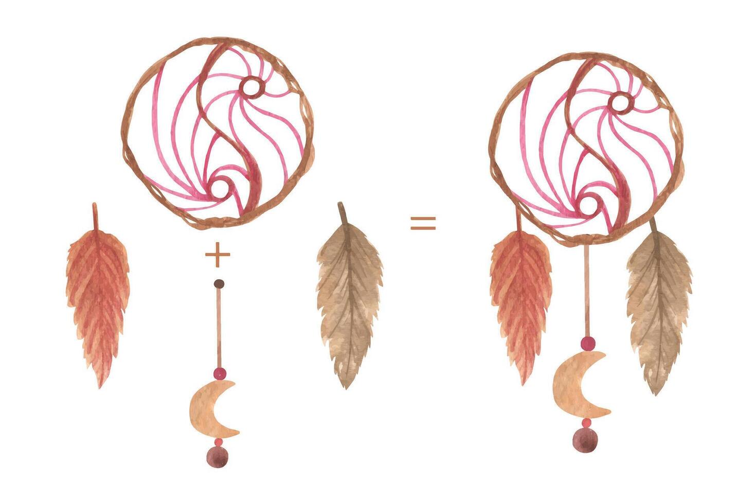 Boho watercolor dreamcatcher clipart. Ethnic tribal wall decor, feathers illustration. vector