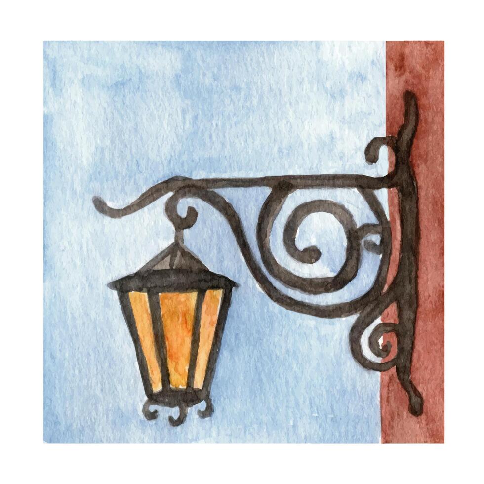 Watercolor illustration lantern, lamp with forging on house. vector