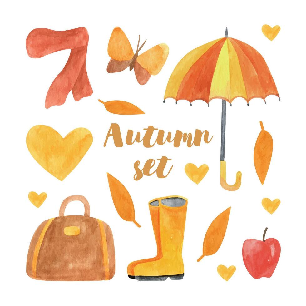 Cute autumn watercolor set with umbrella, scarf, butterfly, heart, bag, apple, boots, leaves. Seasonal design for print, decoration. Isolated and high resolution. vector