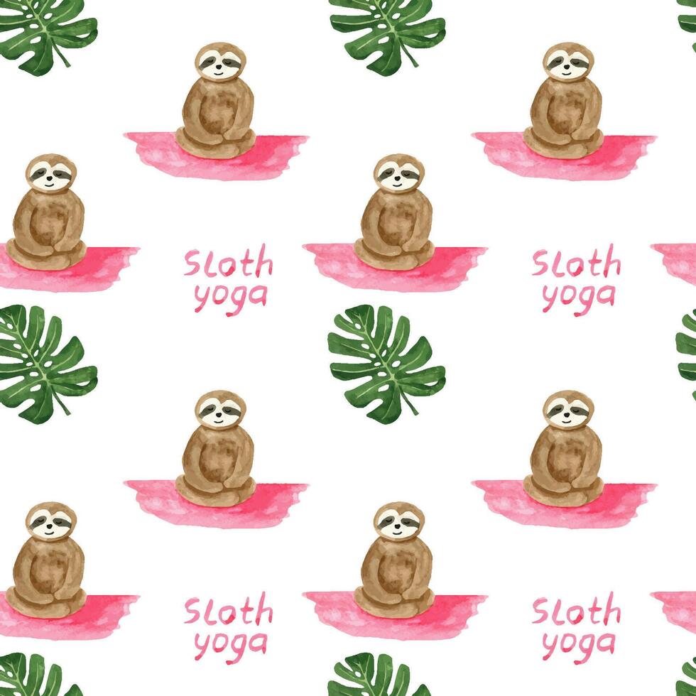 Adorable pattern with watercolor sloth sitting in yoga pose and tropical leaves vector