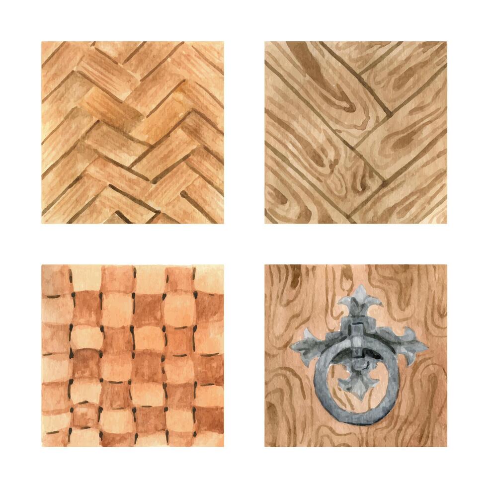 acuarela ilustración conjunto con rota cesta, parquet, madera material y hierro manejar, anillo. vector