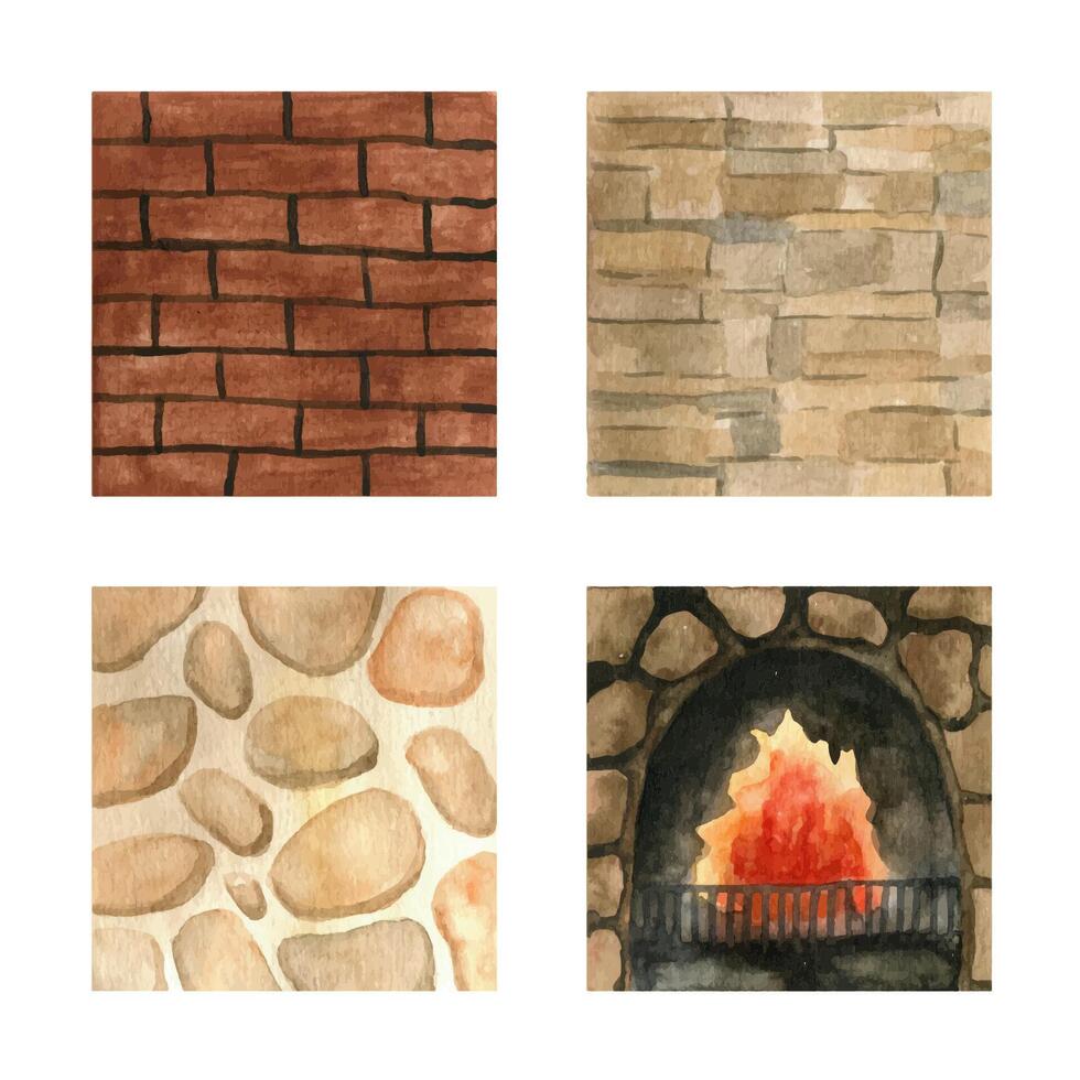 Watercolor illustration set with natural stone, wall material, fire in fireplace. vector