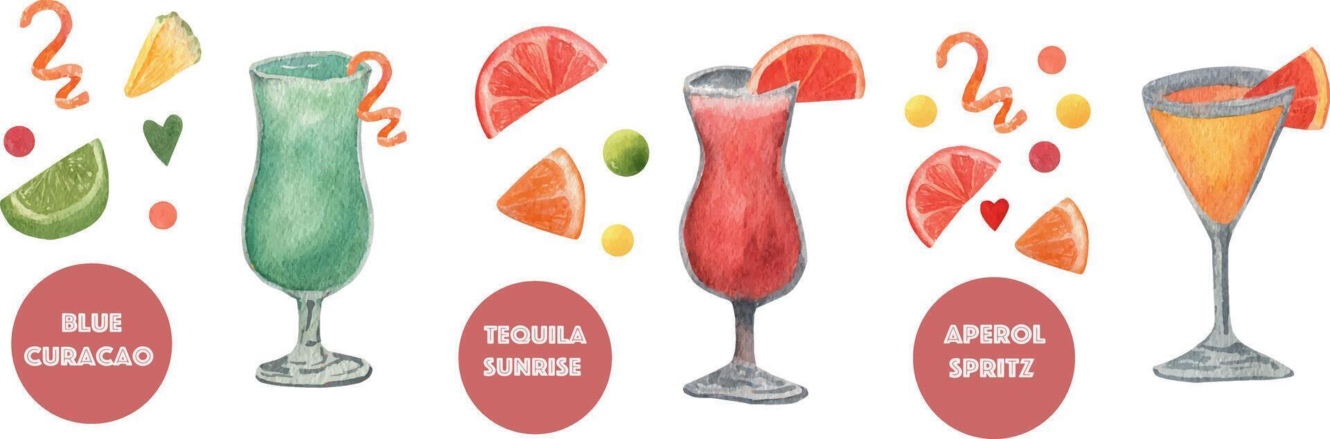 Watercolor set of alcohol cocktails, blue Curacao, Aperol Spritz, Tequila Sunrise. vector