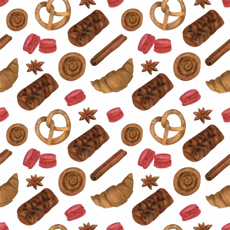 Watercolor bakery seamless pattern. Bakery, confectionery menu background. vector