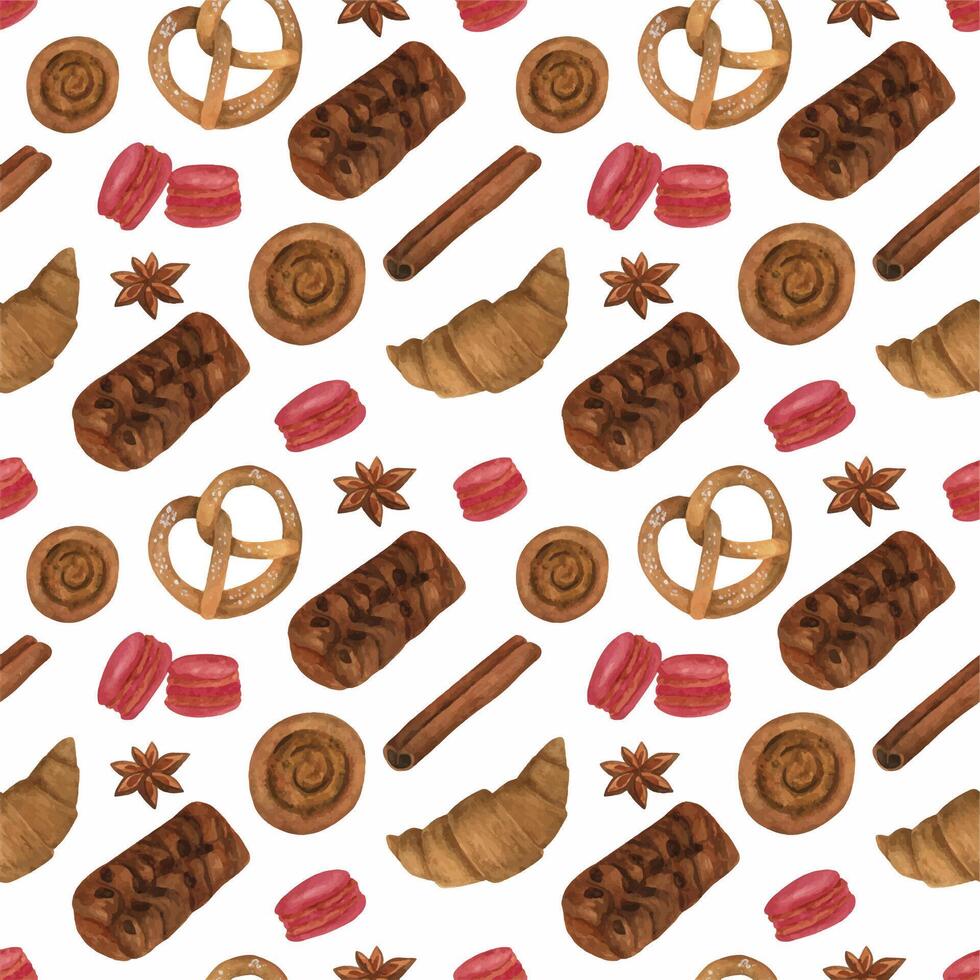 Watercolor bakery seamless pattern. Bakery, confectionery menu background. vector