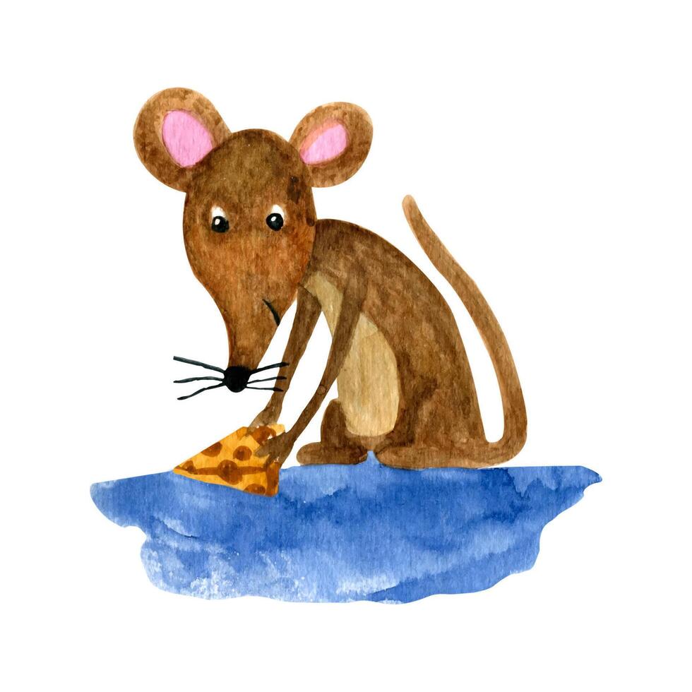 Cute watercolor illustrations mouse with cheese vector