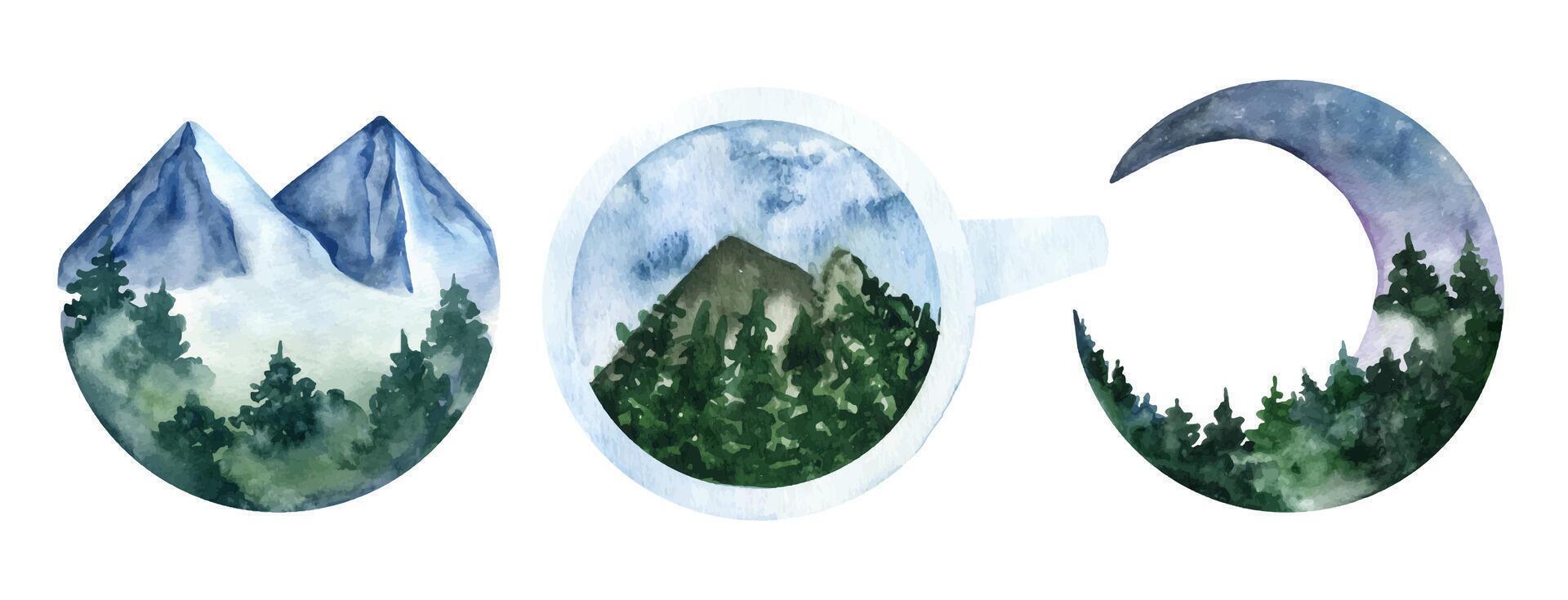 Watercolor mountain and green tree in circle shape, teacup and moon. vector