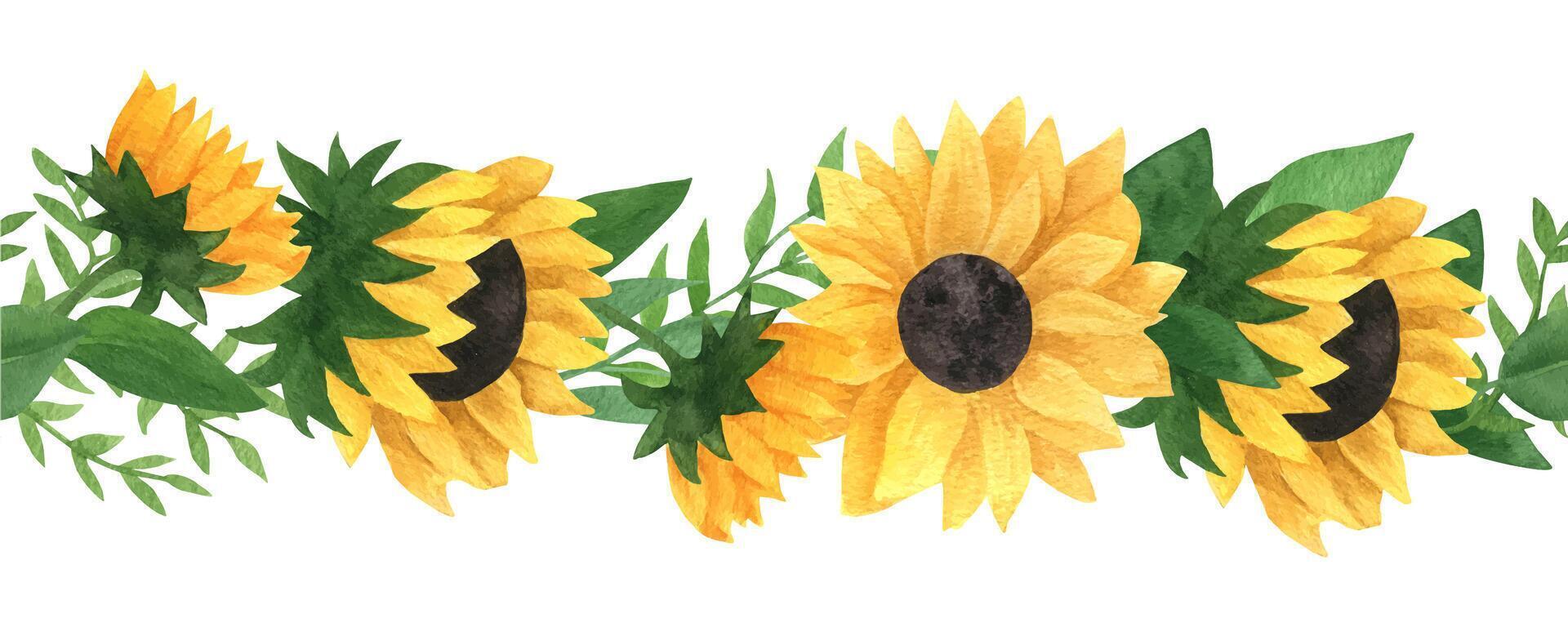 Sunflowers seamless brush, border, tape with leaves. Hand drawn watercolor Illustration. vector