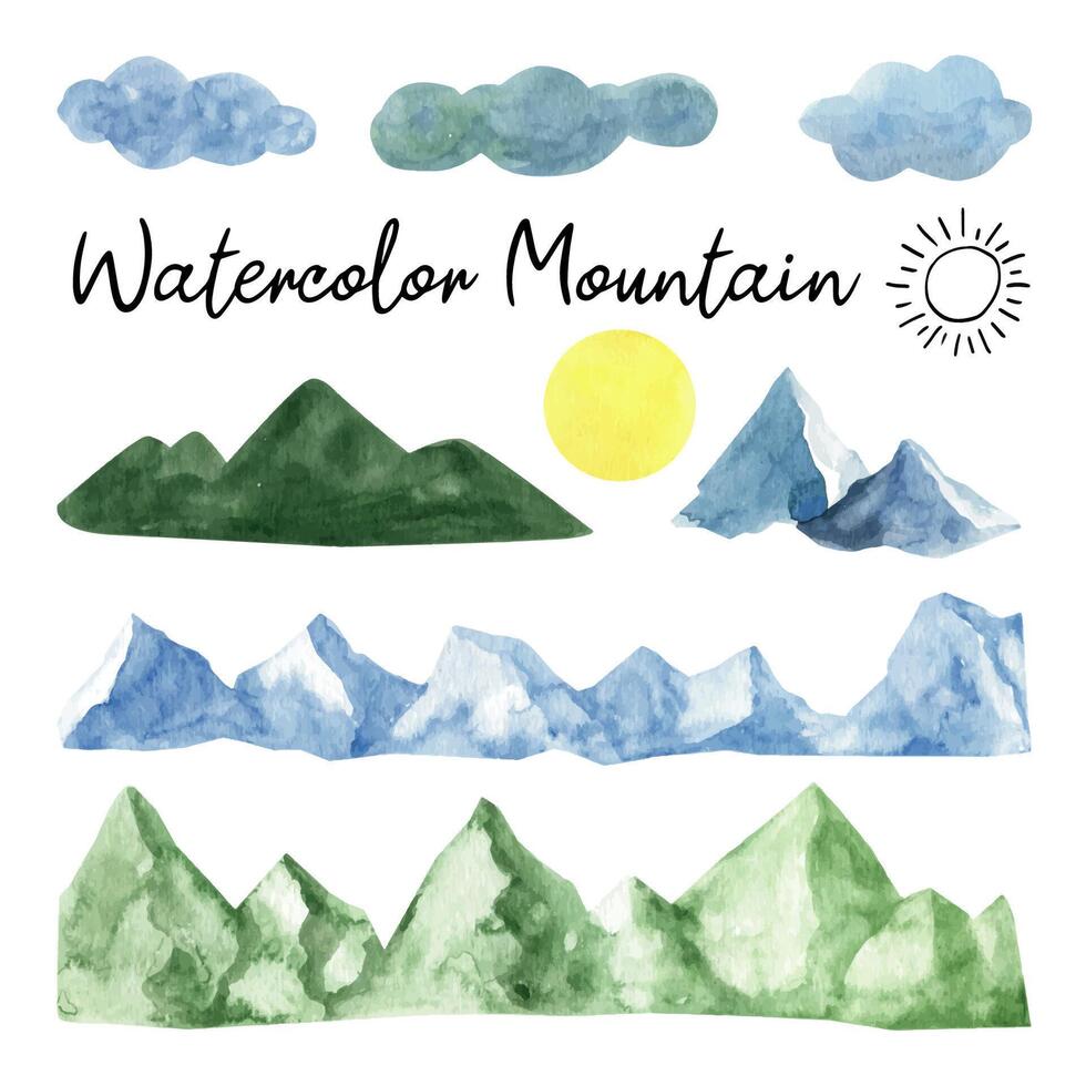 Adorable watercolor mountain and trees clip art. Isolated on white background drawing for textile prints, child poster, cute stationery, travel design. High quality landscape illustrations. vector