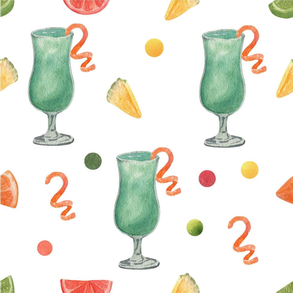 Watercolor pattern with alcohol cocktails and slice fruits. vector