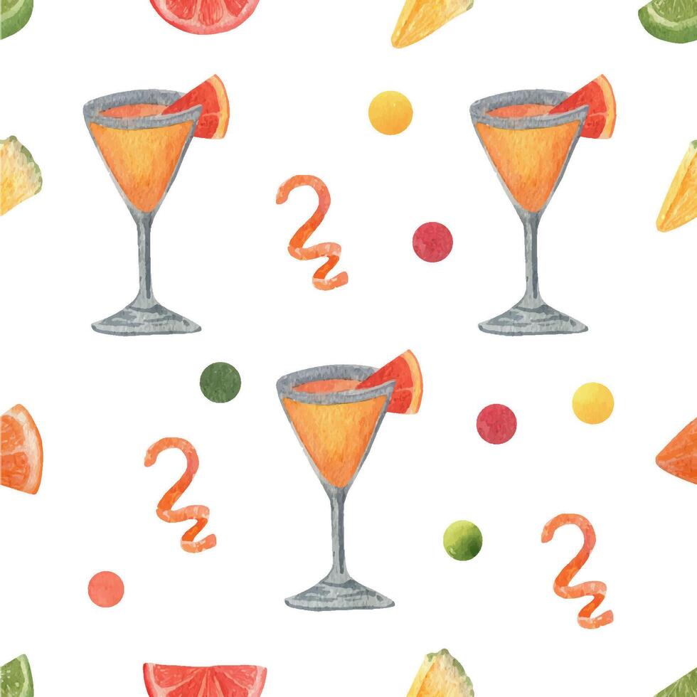 Watercolor pattern with alcohol cocktails and slice fruits. vector