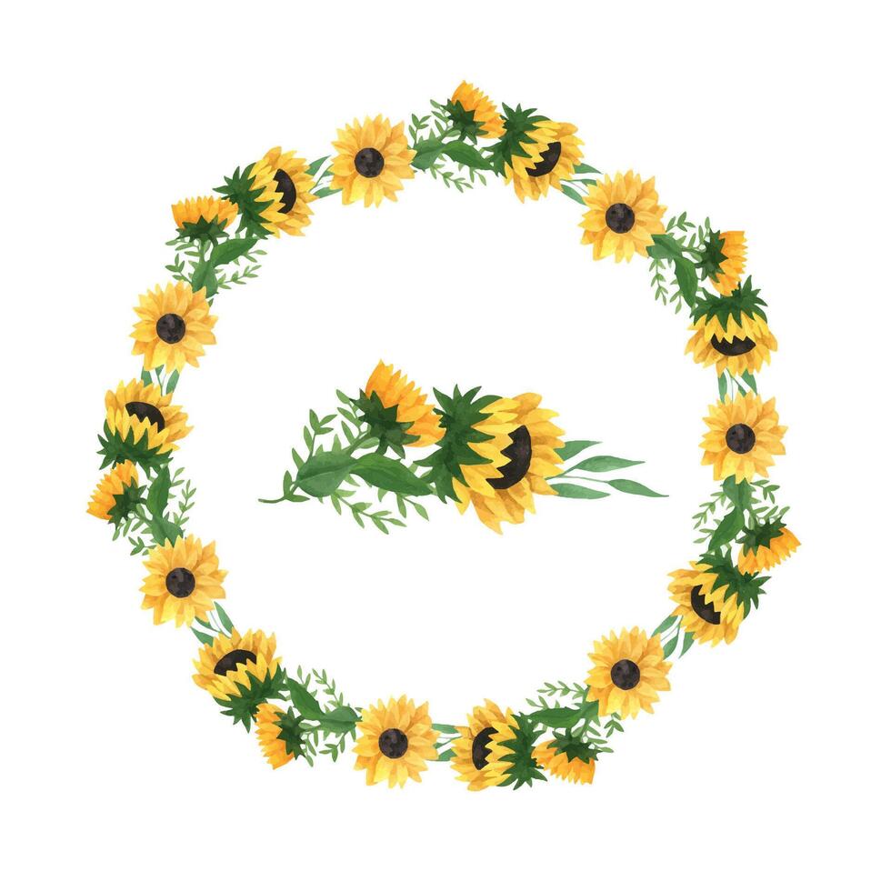 Sunflowers wreath, border with leaves. Hand drawn watercolor Illustration vector