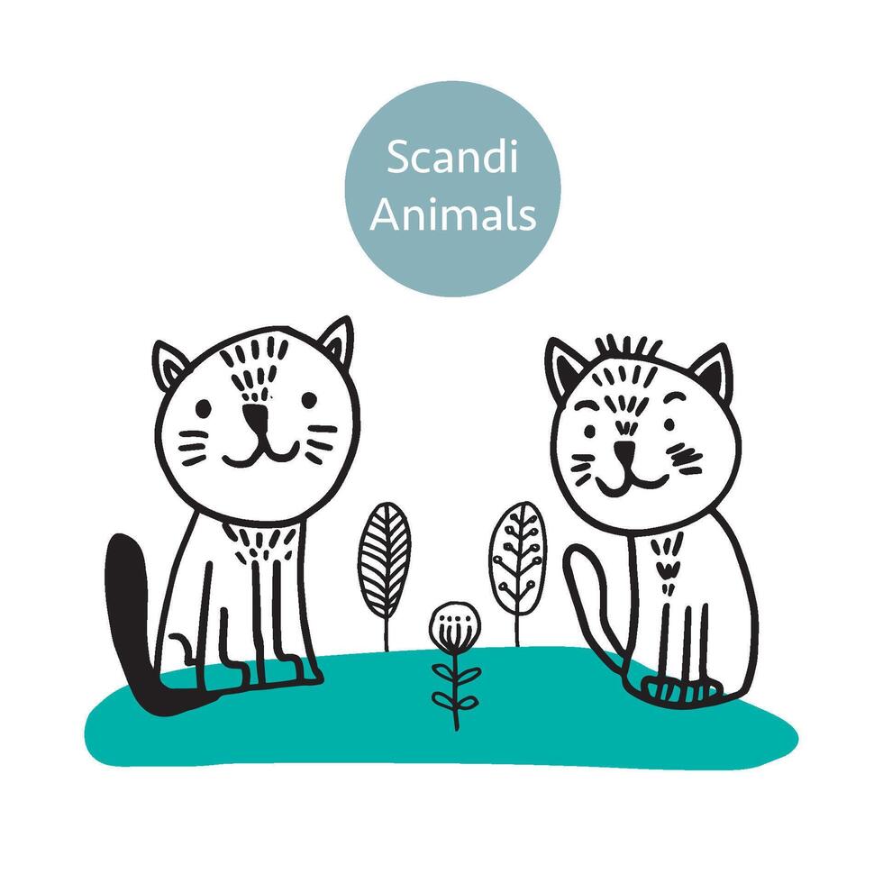 Vector adorable cat in trendy Scandinavian style. Funny, cute, hugge, hand drawn illustration for poster, banner, print, decoration kids playroom or greeting card.