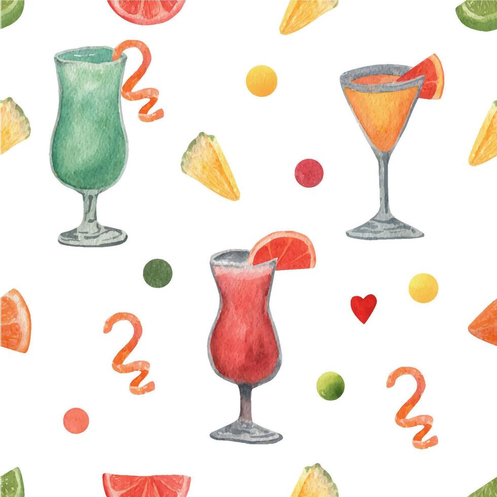 Watercolor pattern with alcohol cocktails and slice fruits. vector