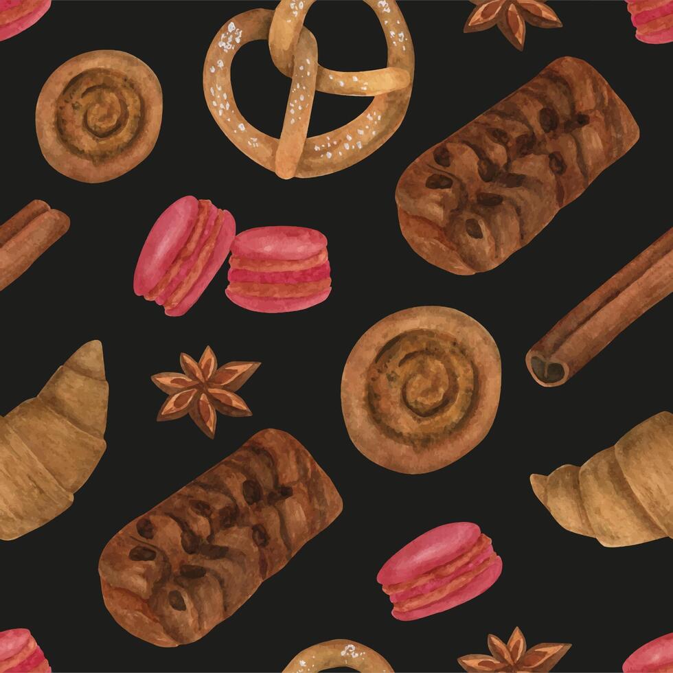 Watercolor bakery seamless pattern. Bakery, confectionery menu background. vector