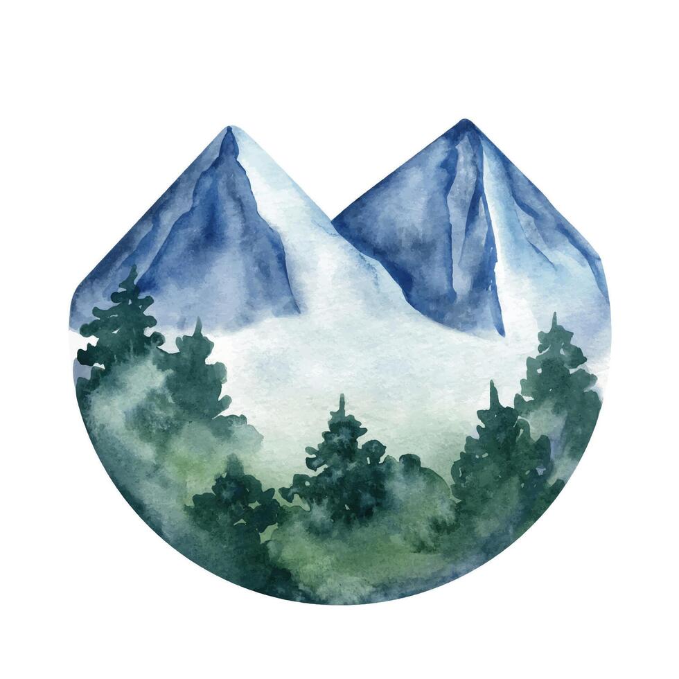 Adorable hand painted watercolor mountain and trees clipart in circle vector