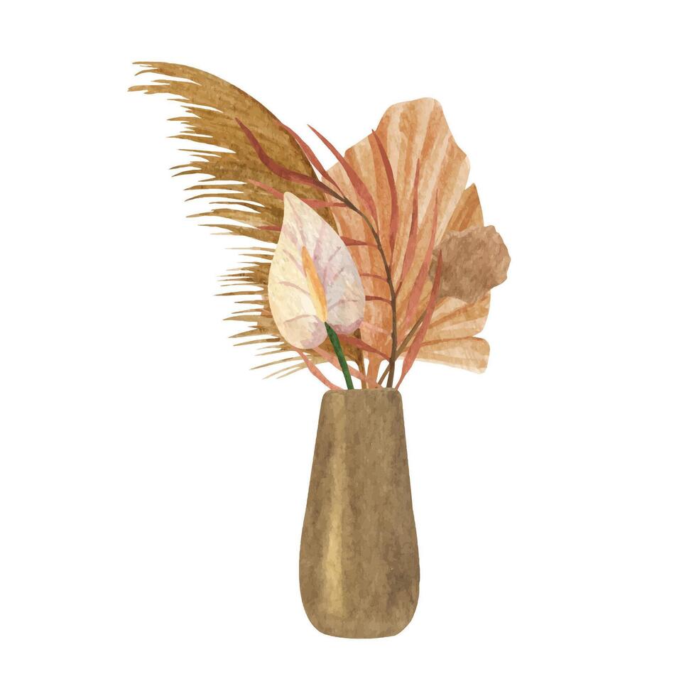 boho arcilla florero con seco ramo. hogar decoración maceta. mano dibujado acuarela clipart. terroso color vector