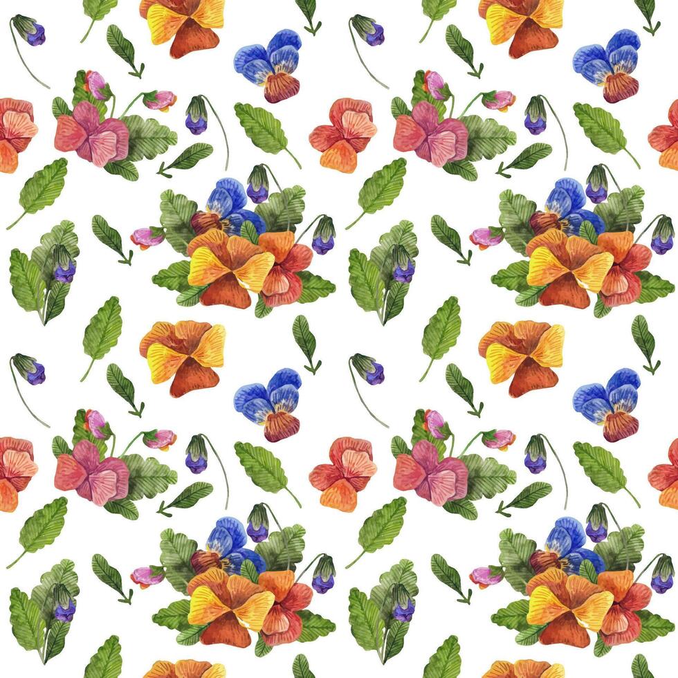 Watercolor seamless pattern with pansy flowers vector