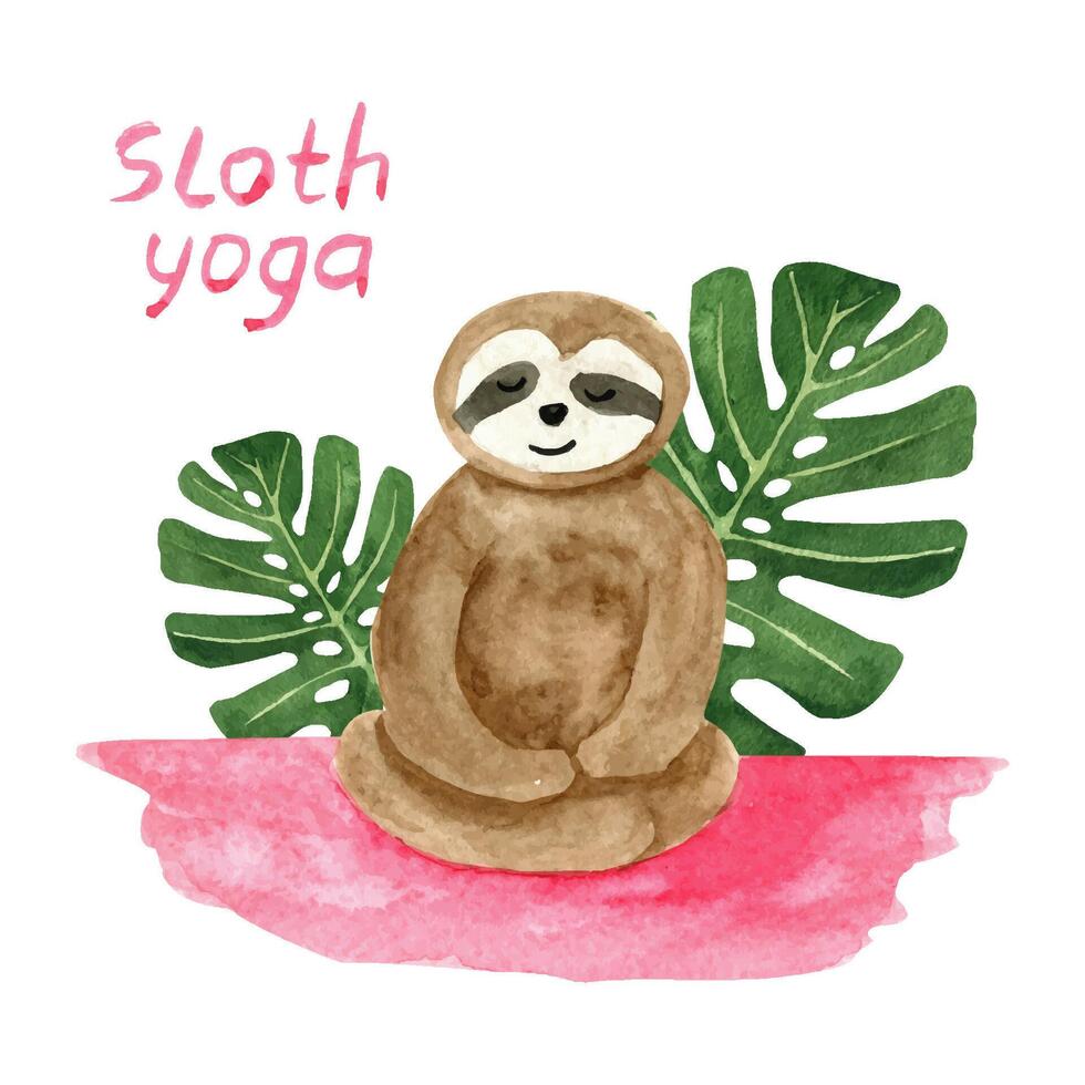 Adorable hand painted watercolor sloth sitting in yoga pose with leaves. vector