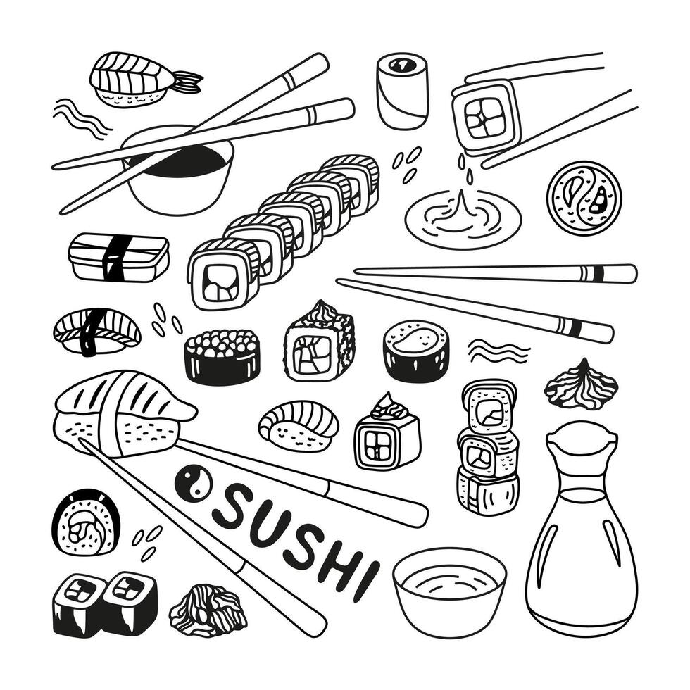 japonés Sushi rodar conjunto en mano dibujado garabatear estilo. asiático comida para restaurantes menú vector