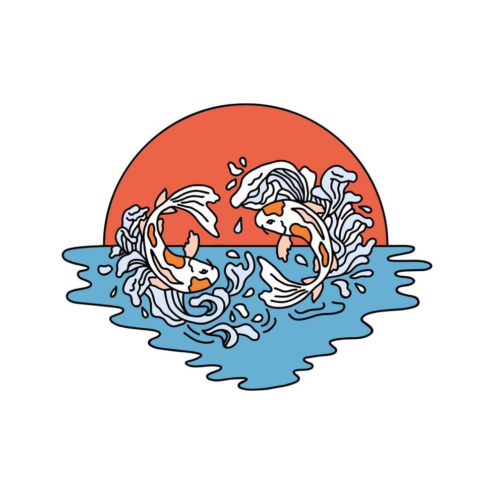 Japanese Koi fishes in the water on the background of big sunset in vector hand drawn style.