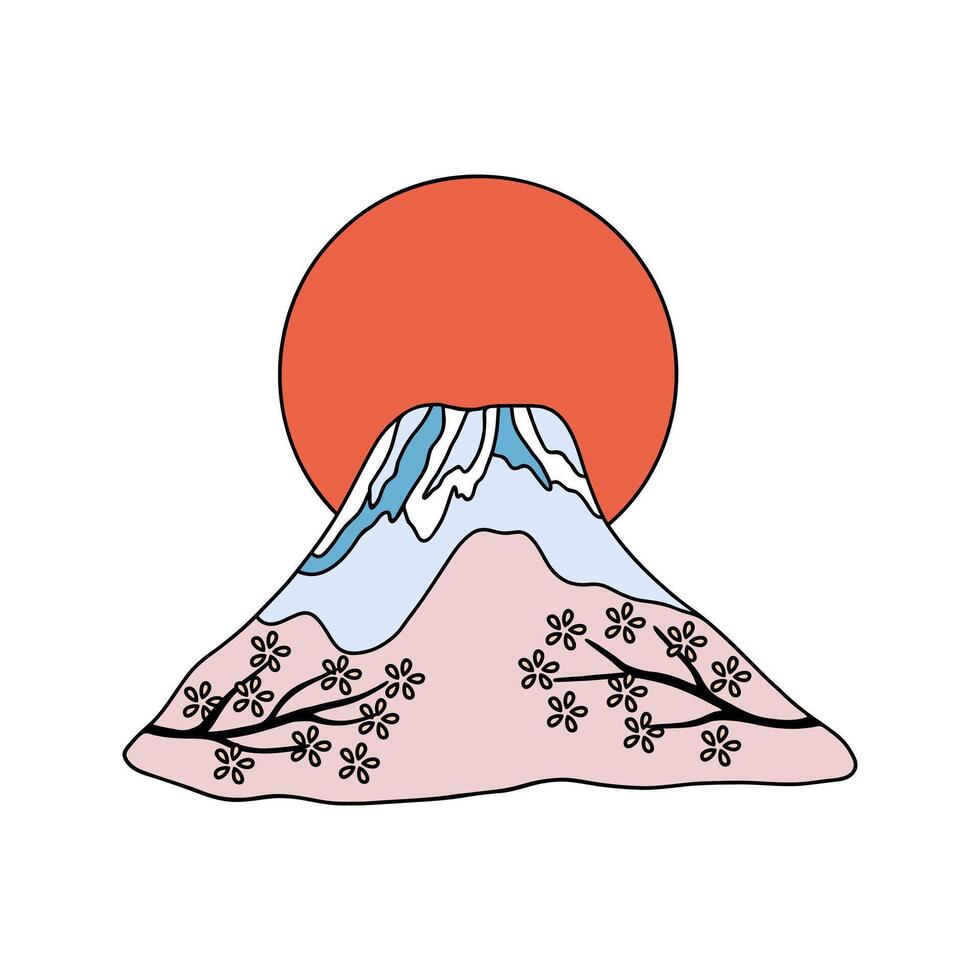 Japanese mountain Fujiyama with sakura tree and big sun in vector hand drawn style.