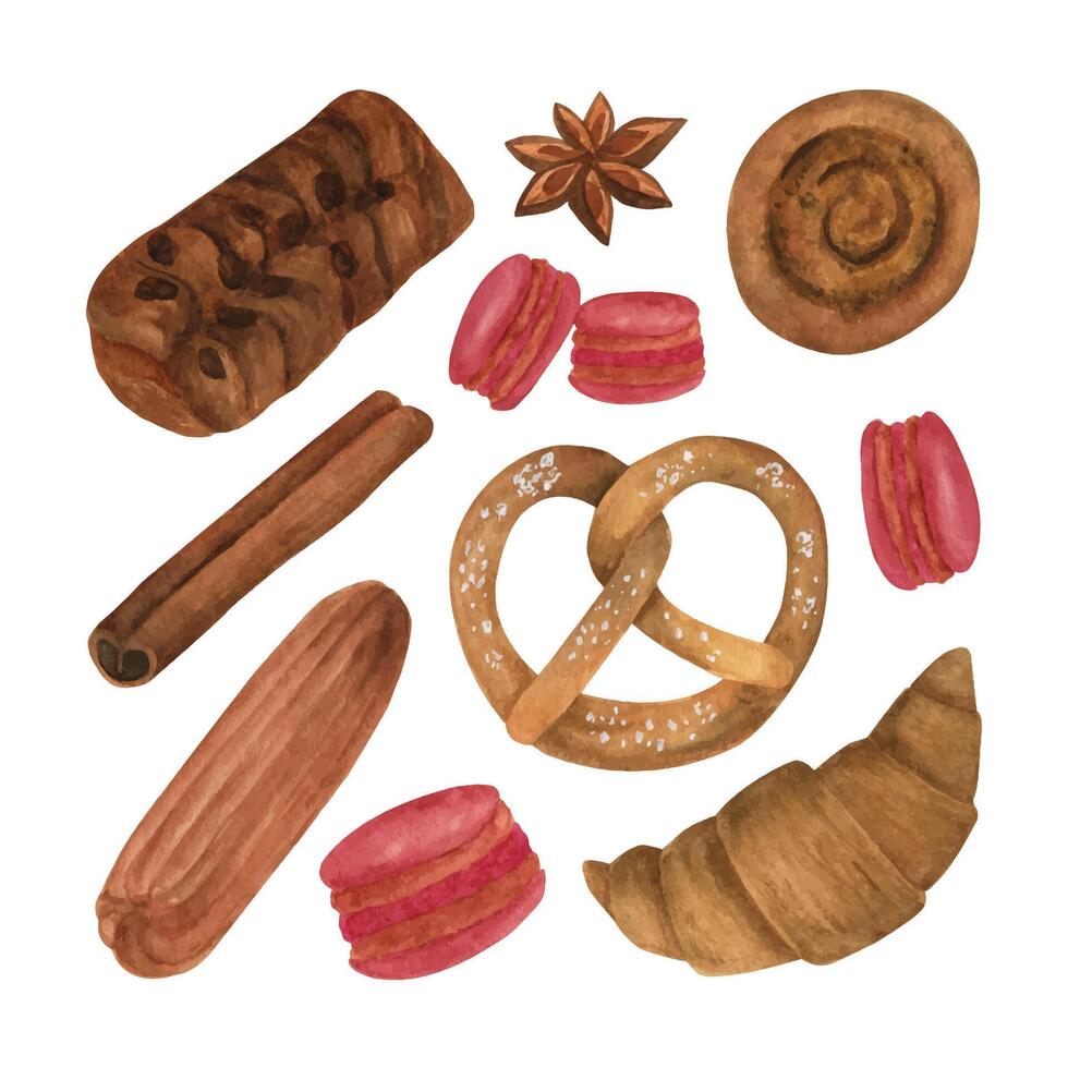 Watercolor bakery clipart collection. Hand drawn watercolor baked goods. Bagel, cinnamon, buns, croissant, anise, pretzel, eclair, pecan, macaroons. Isolated on white. vector