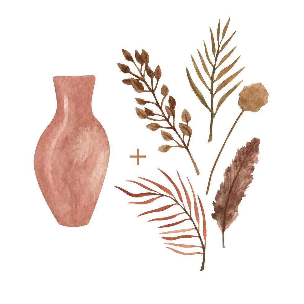 Boho clay vase with dried bouquet. Home decor pot. Hand drawn watercolor clipart. Earthy color vector