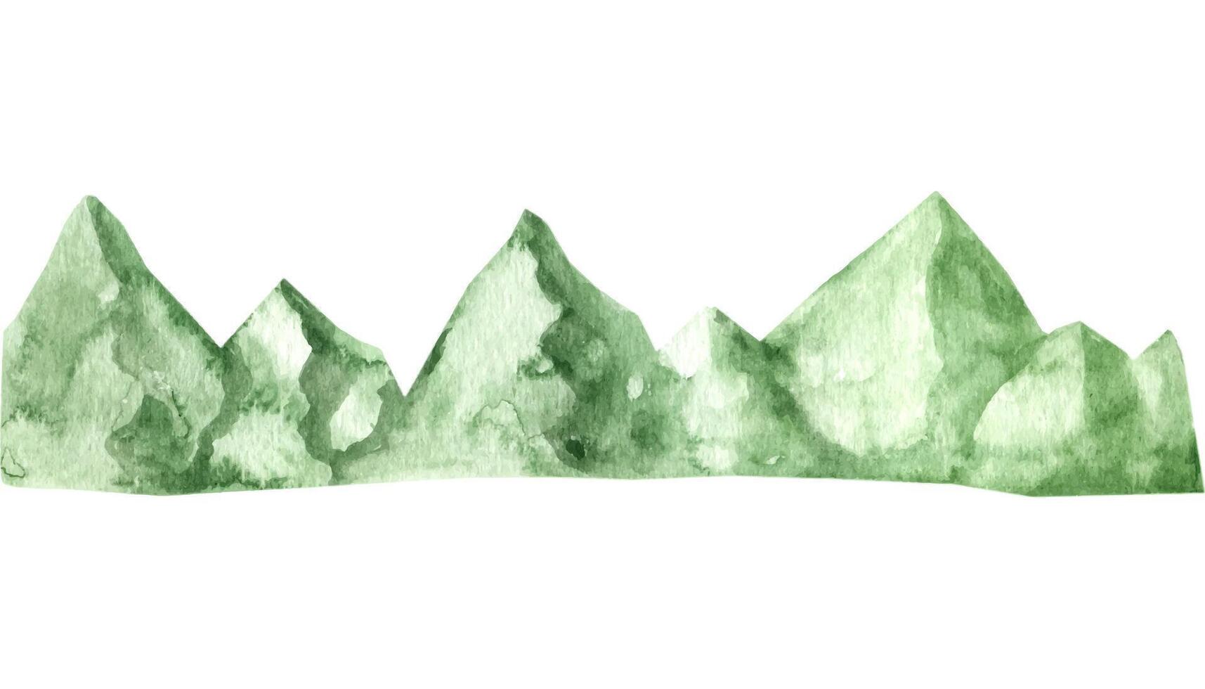 Hand drawn green watercolor mountain border. vector
