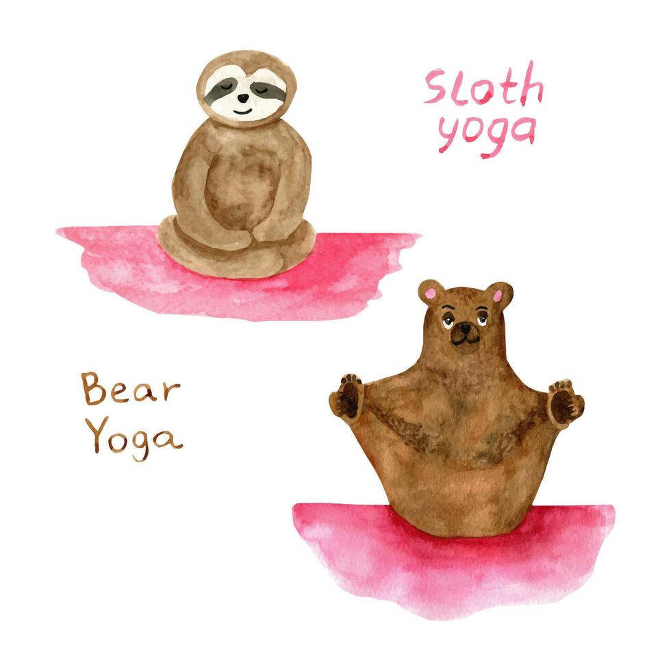 Adorable set of watercolor yoga bear. vector