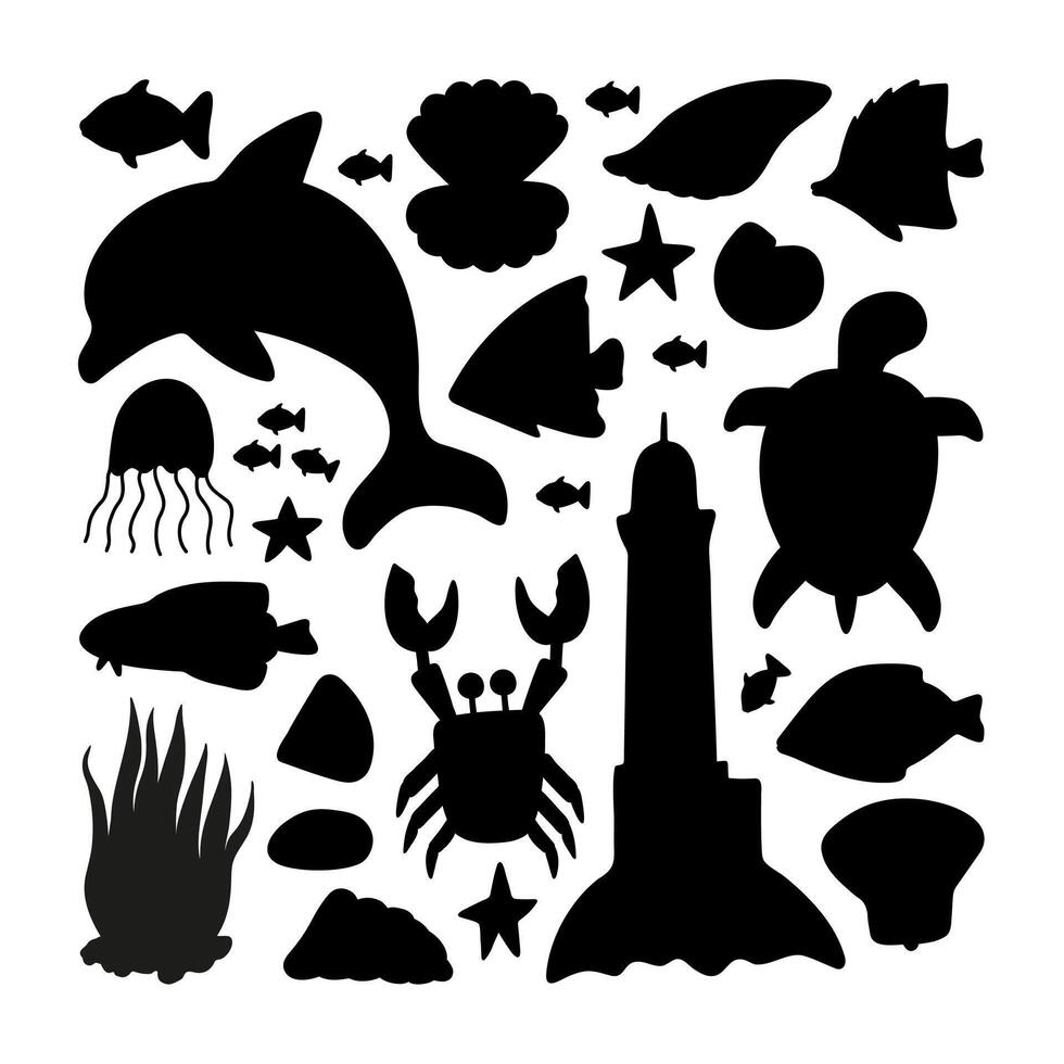 vector mar conjunto silueta con delfín, mantarraya, cangrejo, tortuga, pez, concha y caballo de mar.