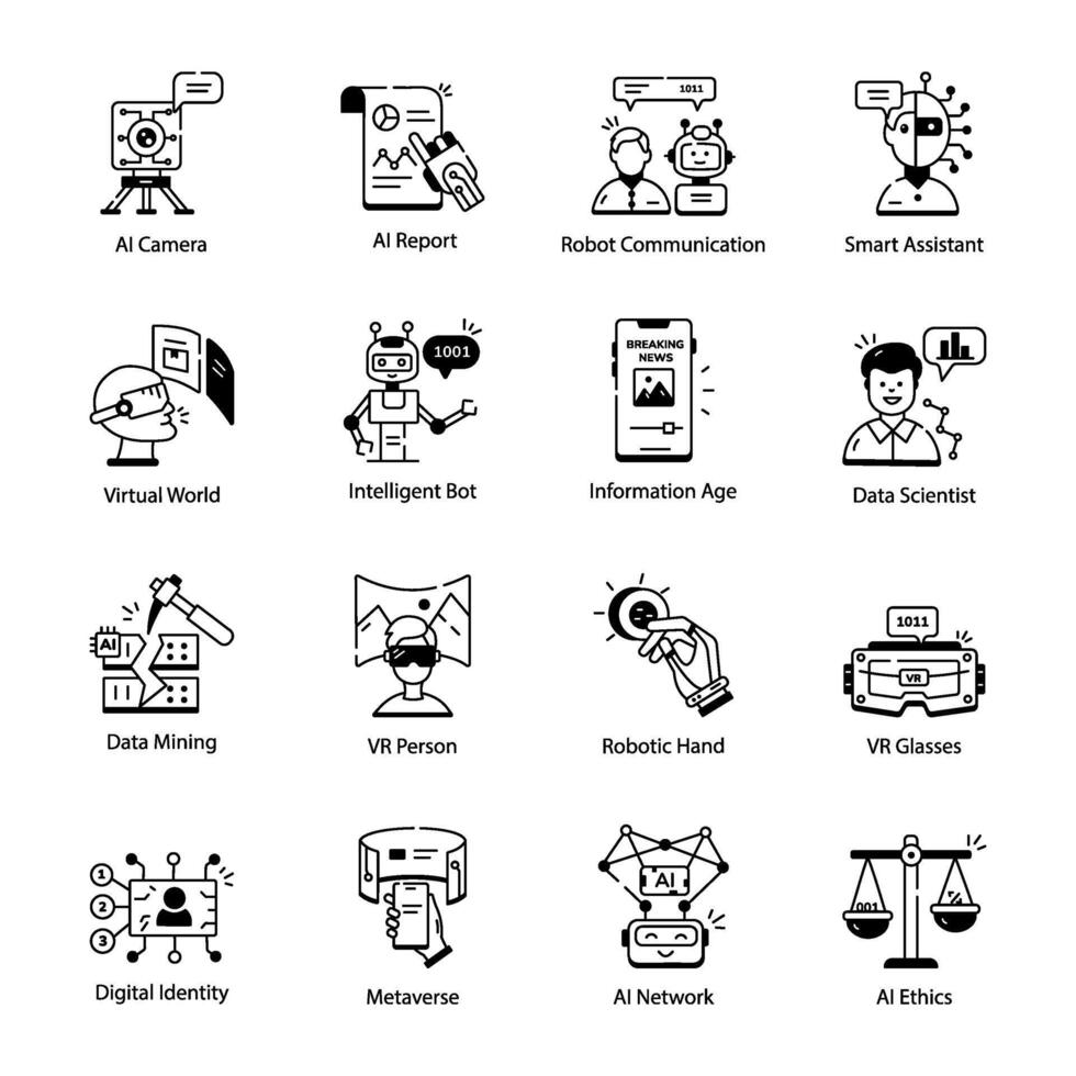 Bundle of AI and VR Technology Linear Icons vector