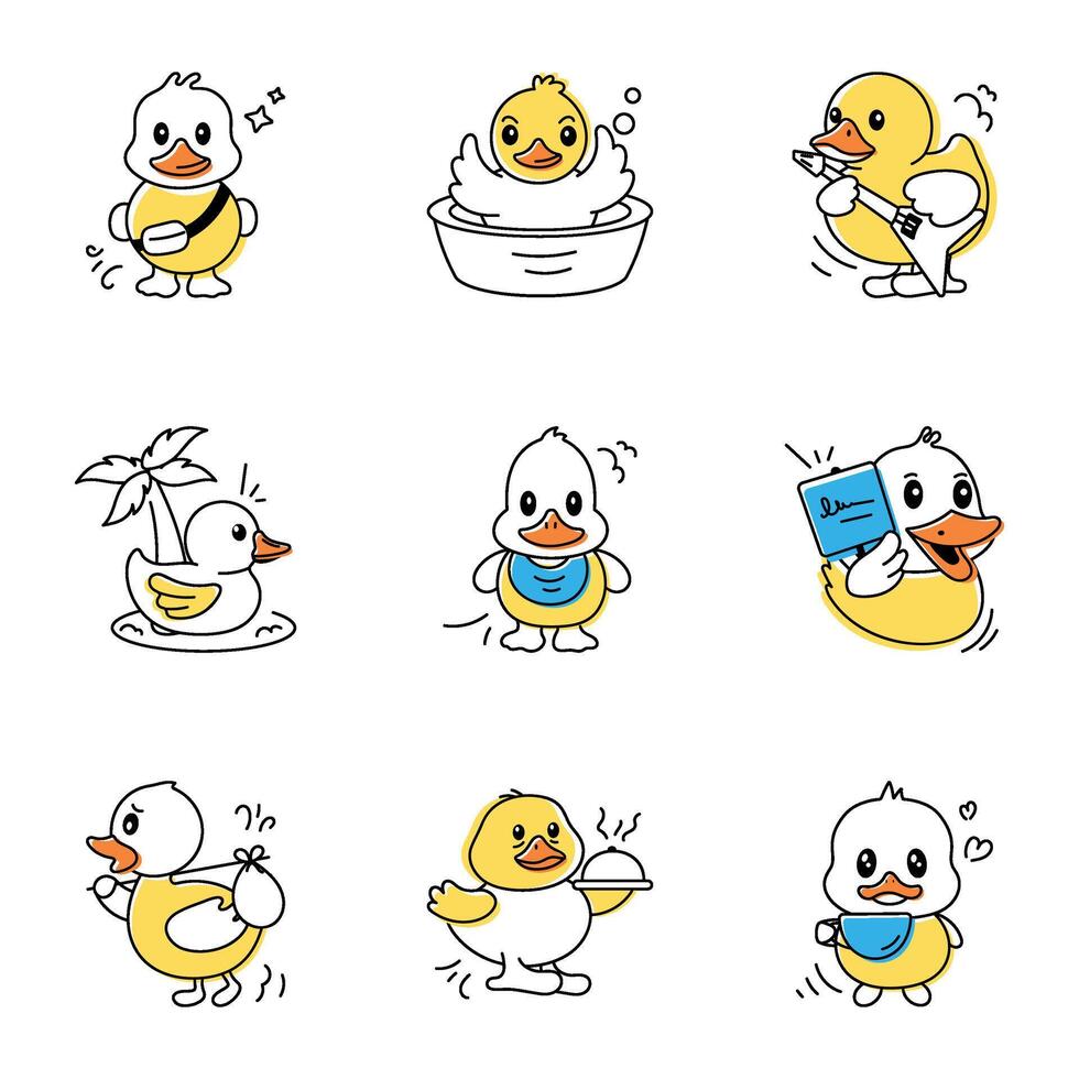 Collection of Duck Toys Doodle Icons vector