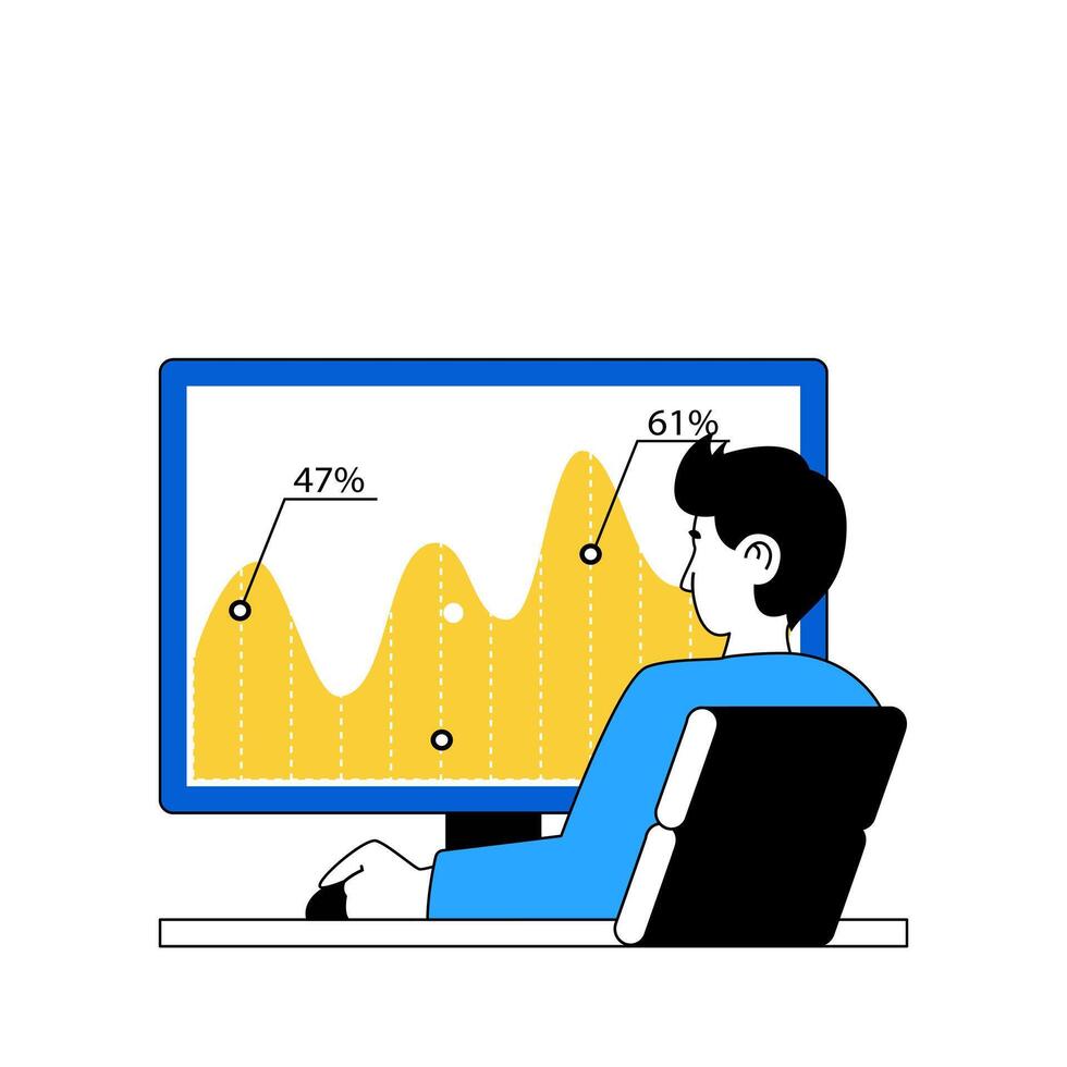 Business concept with cartoon people in flat design for web. Man analyzing financial data at graph and making marketing research. Vector illustration for social media banner, marketing material.