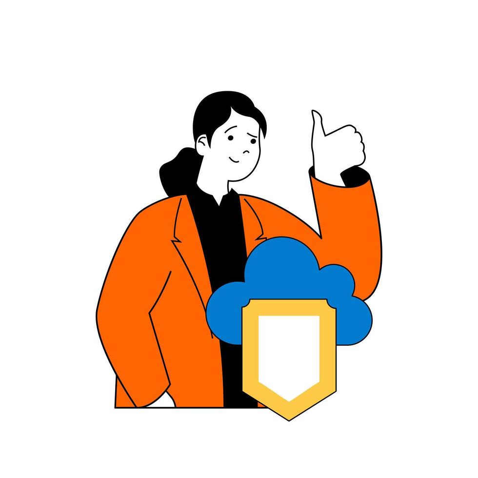 Cloud computing concept with cartoon people in flat design for web. Woman using online storage with protecting shield for user data. Vector illustration for social media banner, marketing material.