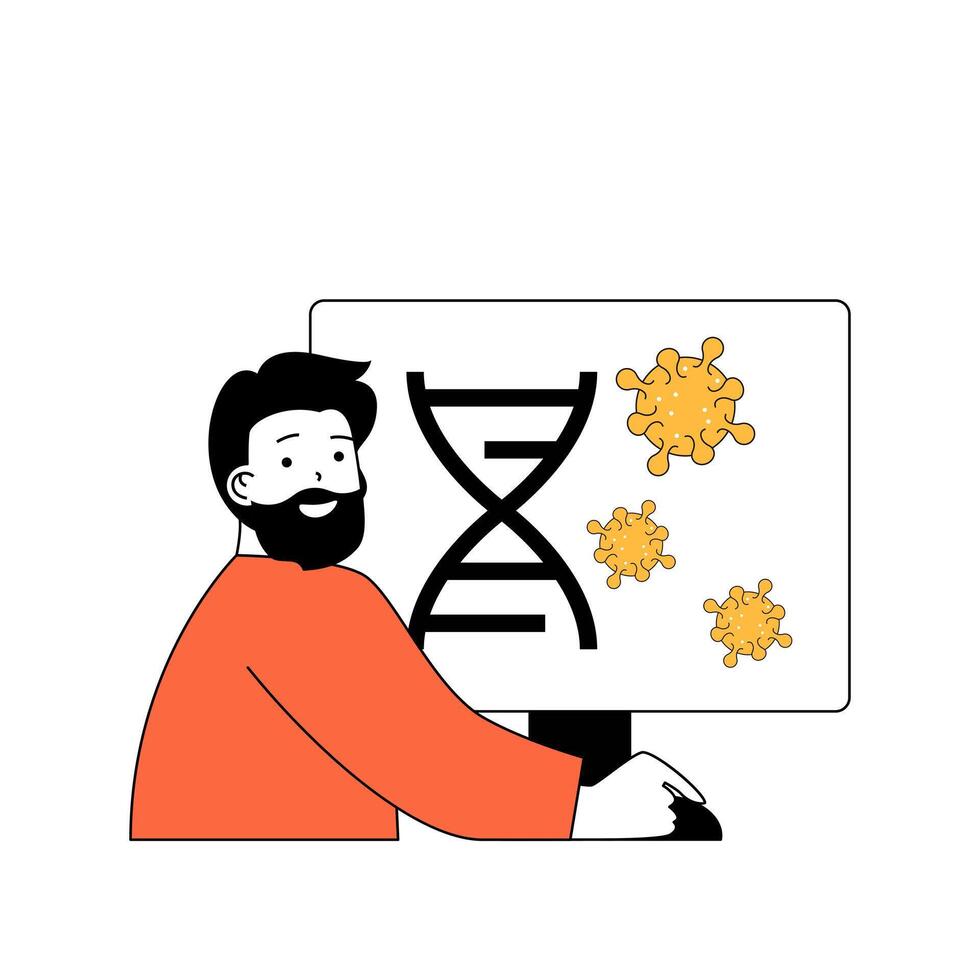 coronavirus concepto con dibujos animados personas en plano diseño para web. hombre haciendo científico investigación y laboratorio experimentar con COVID-19. vector ilustración para social medios de comunicación bandera, márketing material.