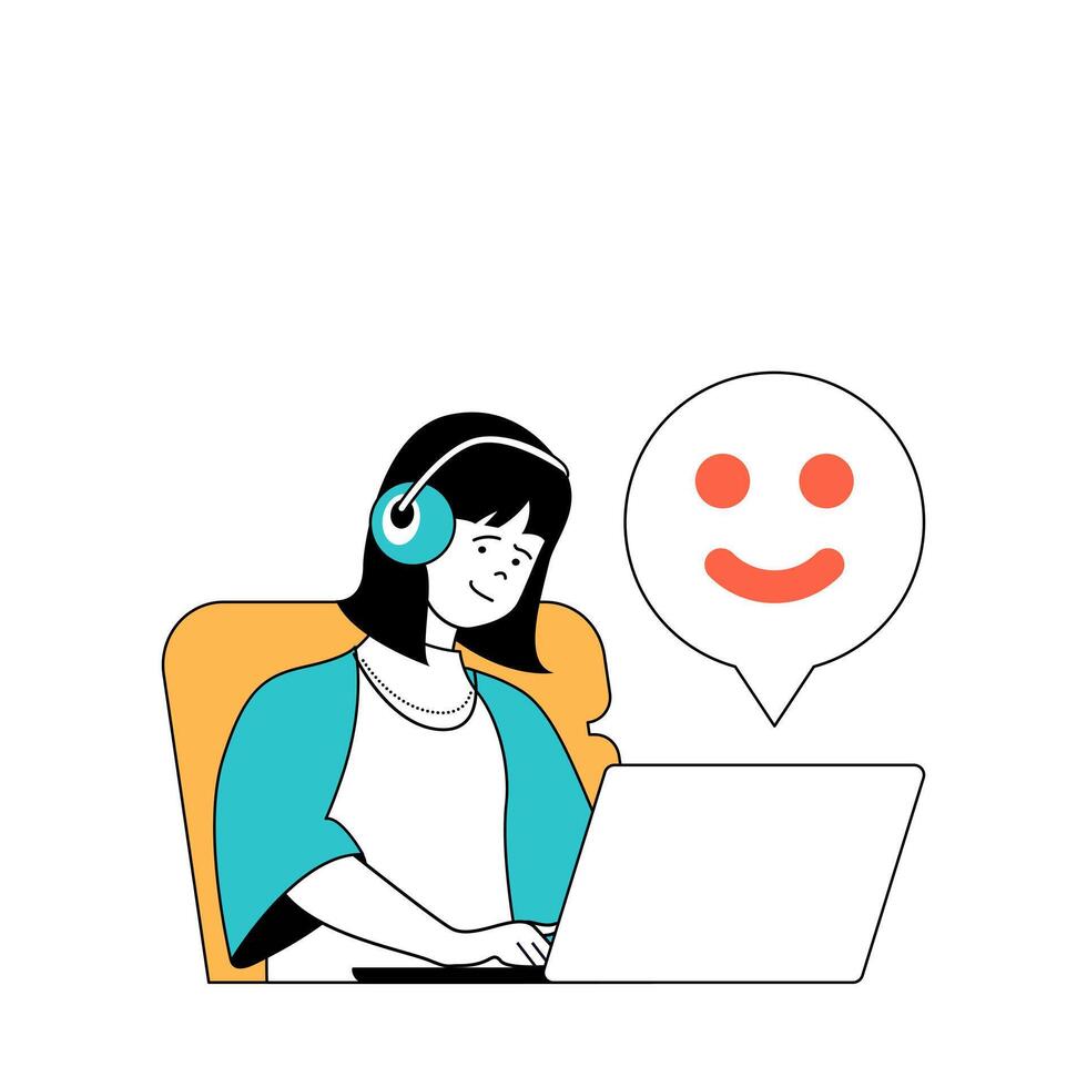 Social media concept with cartoon people in flat design for web. Woman chatting at laptop with users and sending emoticons reaction. Vector illustration for social media banner, marketing material.