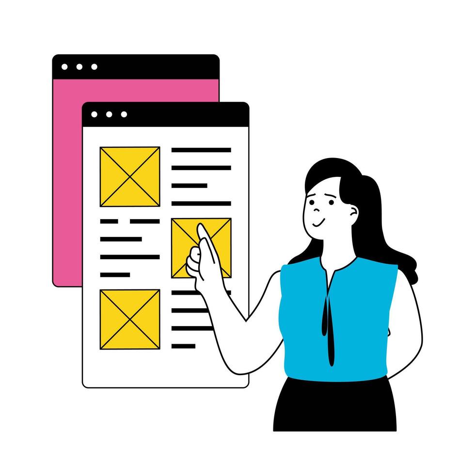 Design development concept with cartoon people in flat design for web. Woman making wireframe interface layout at mobile app screen. Vector illustration for social media banner, marketing material.