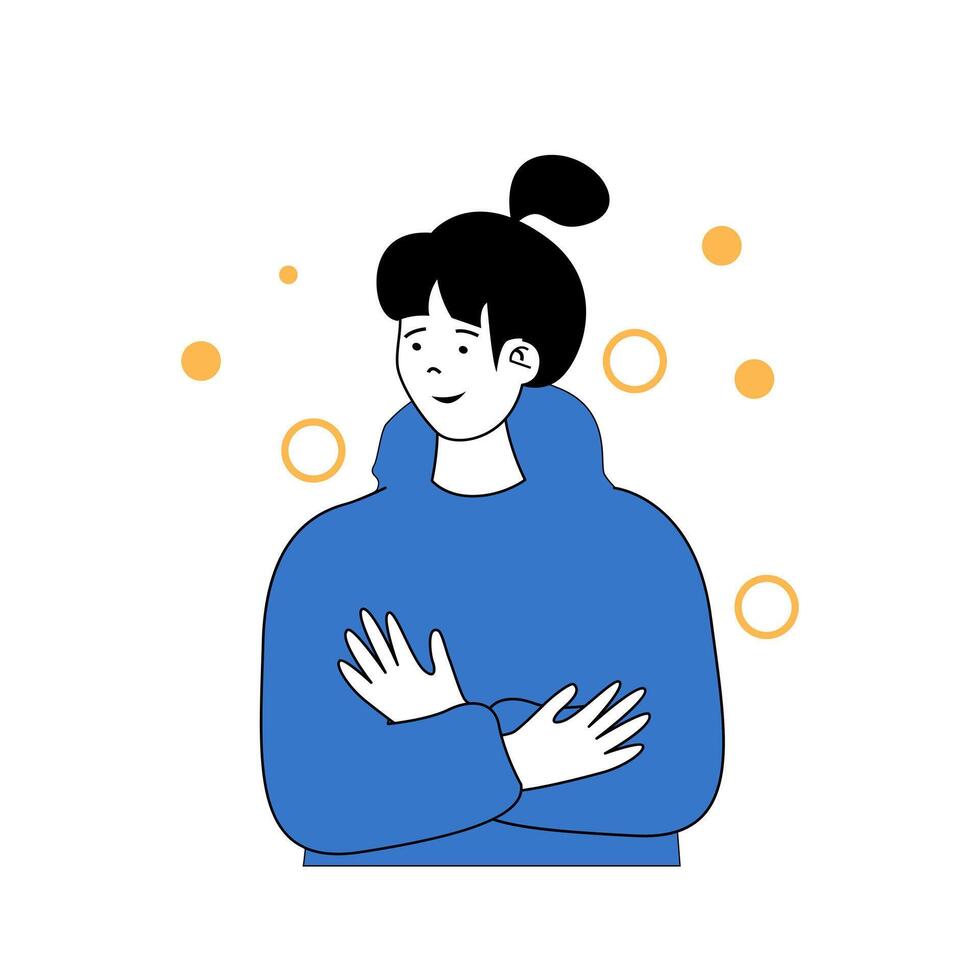 Mental health concept with cartoon people in flat design for web. Smiling woman hugging herself and giving support and love emotion. Vector illustration for social media banner, marketing material.